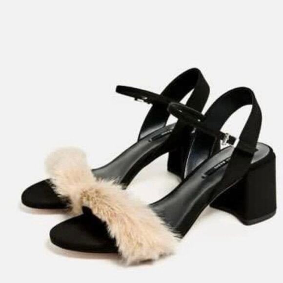 Zara Basic Shoes - ZARA Faux Fur Fluffy Vamp Slingback Block Heels Blogger Fave Tan Black 41/ US 10
